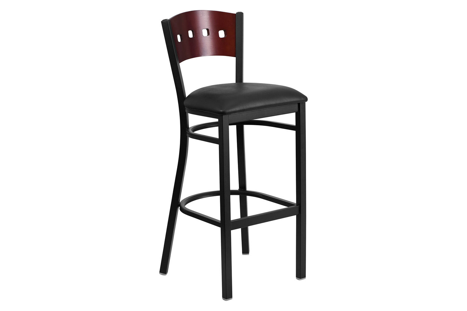 BLNK HERCULES Series Black Metal 4 Square Back Restaurant Bar Stool with Mahogany Wood Back and Vinyl Seat - Black