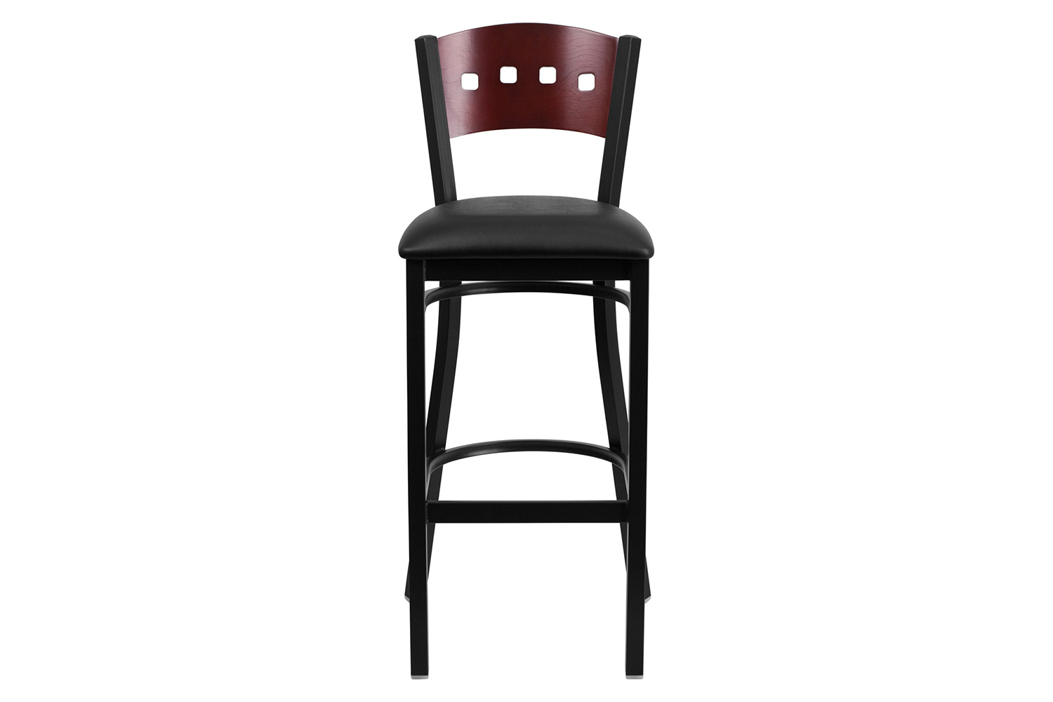 BLNK HERCULES Series Black Metal 4 Square Back Restaurant Bar Stool with Mahogany Wood Back and Vinyl Seat - Black