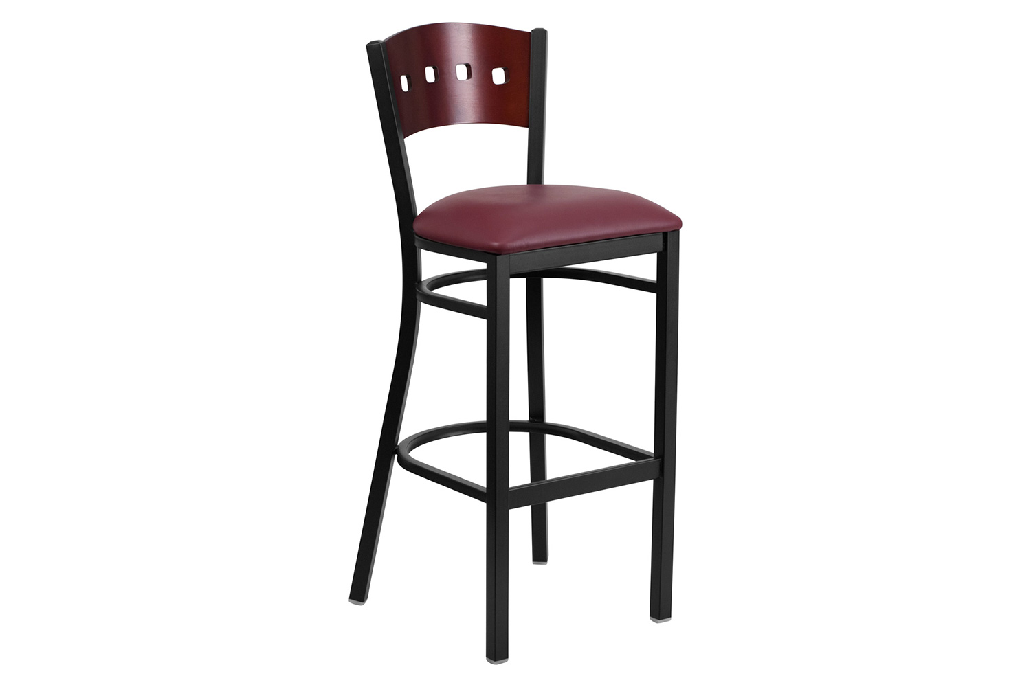 BLNK HERCULES Series Black Metal 4 Square Back Restaurant Bar Stool with Mahogany Wood Back and Vinyl Seat