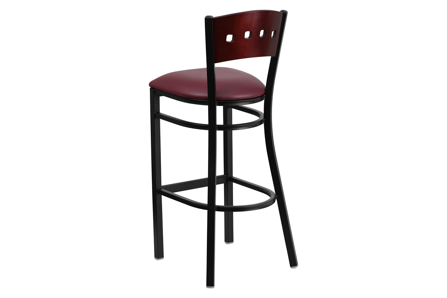 BLNK HERCULES Series Black Metal 4 Square Back Restaurant Bar Stool with Mahogany Wood Back and Vinyl Seat - Burgundy