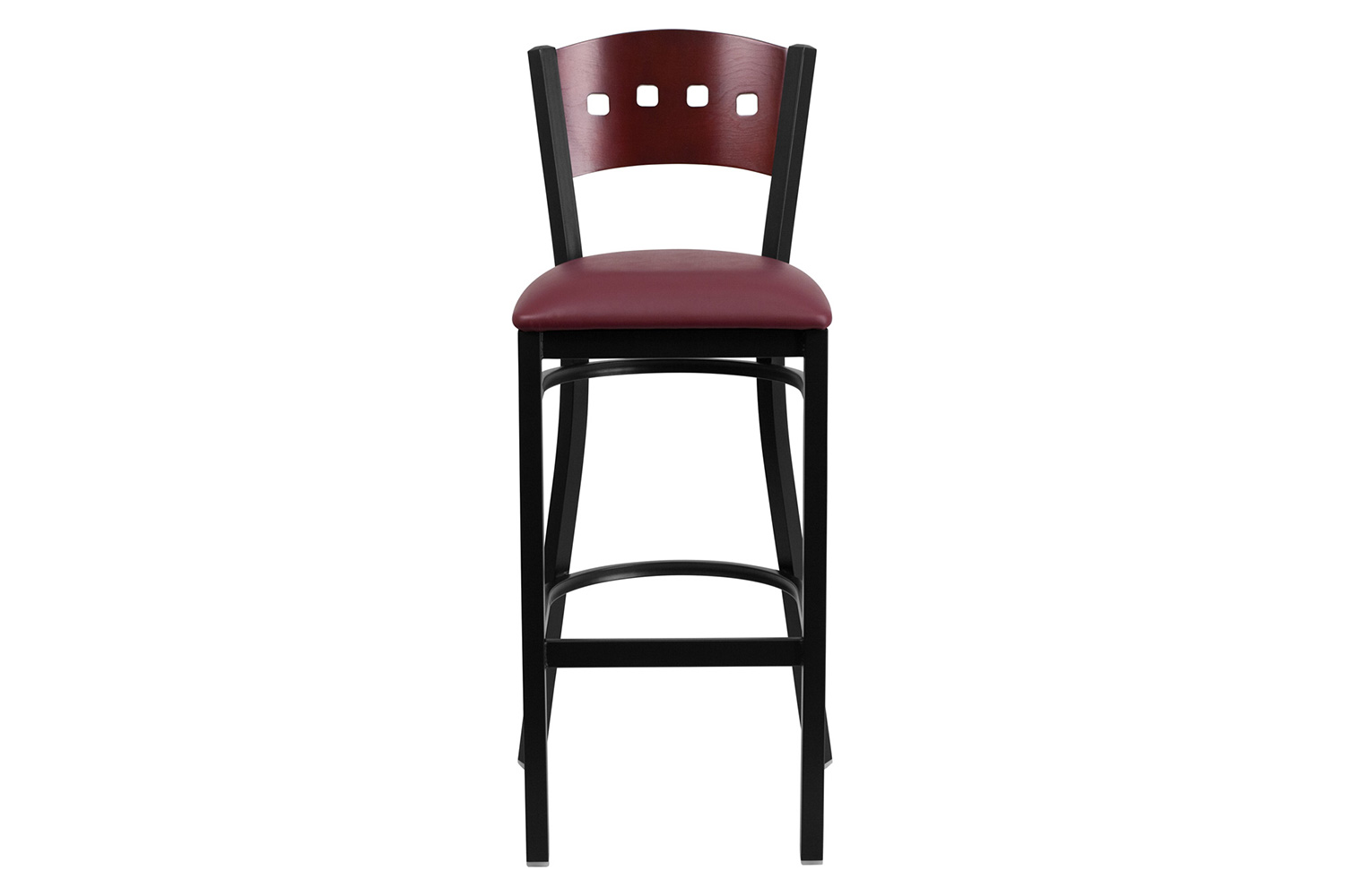 BLNK HERCULES Series Black Metal 4 Square Back Restaurant Bar Stool with Mahogany Wood Back and Vinyl Seat - Burgundy