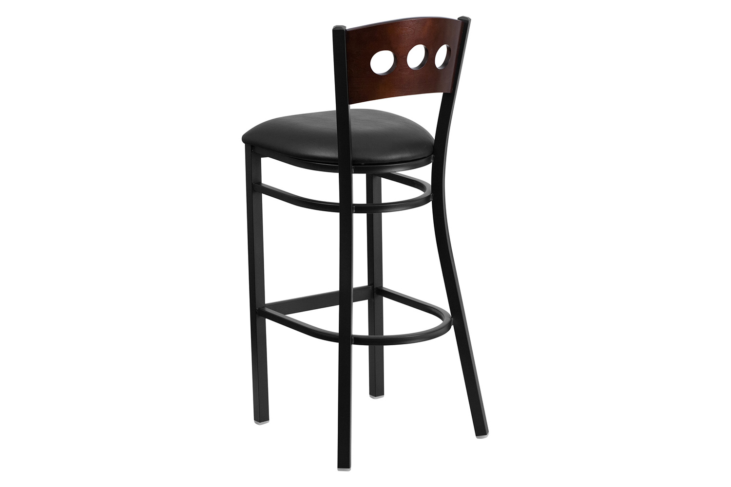 BLNK HERCULES Series Black Metal 3 Circle Back Restaurant Bar Stool with Walnut Wood Back and Vinyl Seat - Black