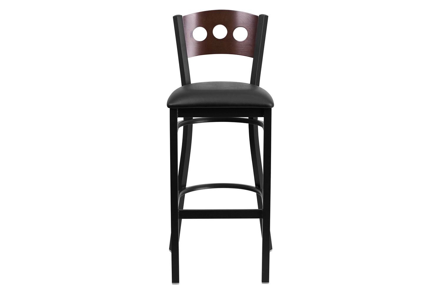 BLNK HERCULES Series Black Metal 3 Circle Back Restaurant Bar Stool with Walnut Wood Back and Vinyl Seat - Black