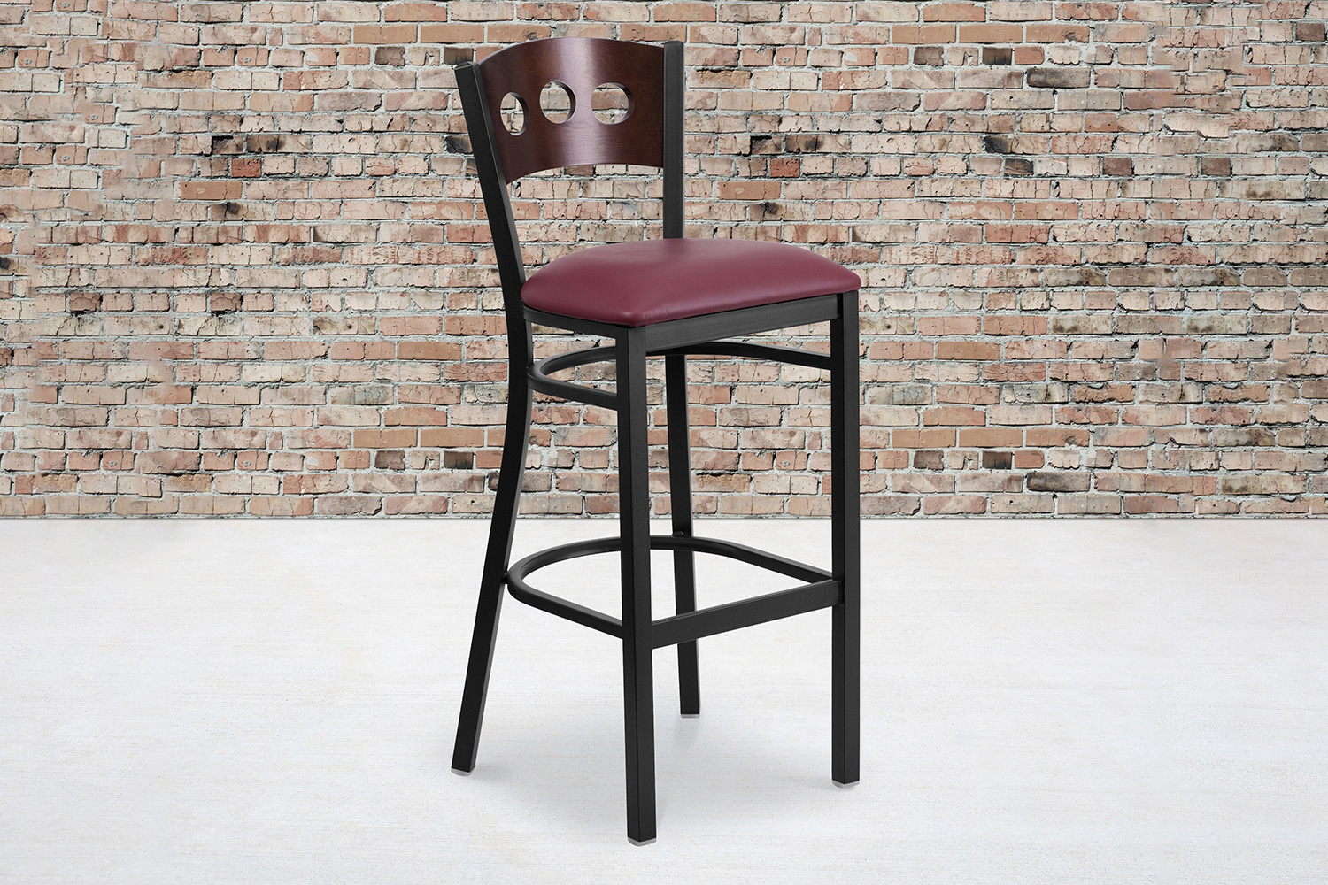 BLNK HERCULES Series Black Metal 3 Circle Back Restaurant Bar Stool with Walnut Wood Back and Vinyl Seat