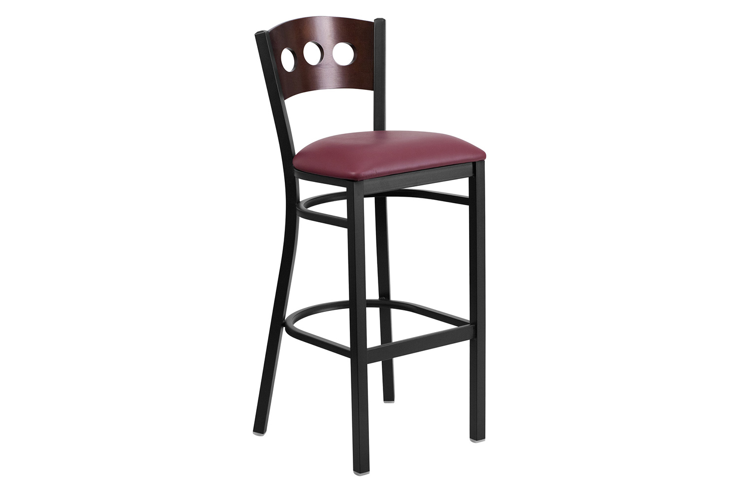 BLNK HERCULES Series Black Metal 3 Circle Back Restaurant Bar Stool with Walnut Wood Back and Vinyl Seat - Burgundy