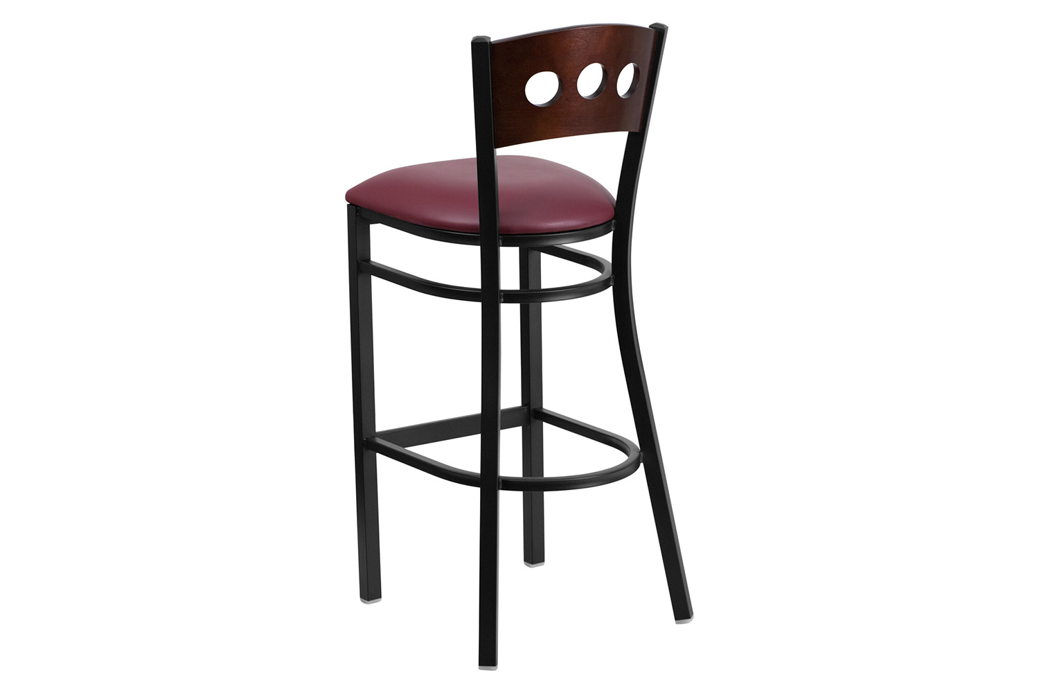 BLNK HERCULES Series Black Metal 3 Circle Back Restaurant Bar Stool with Walnut Wood Back and Vinyl Seat - Burgundy