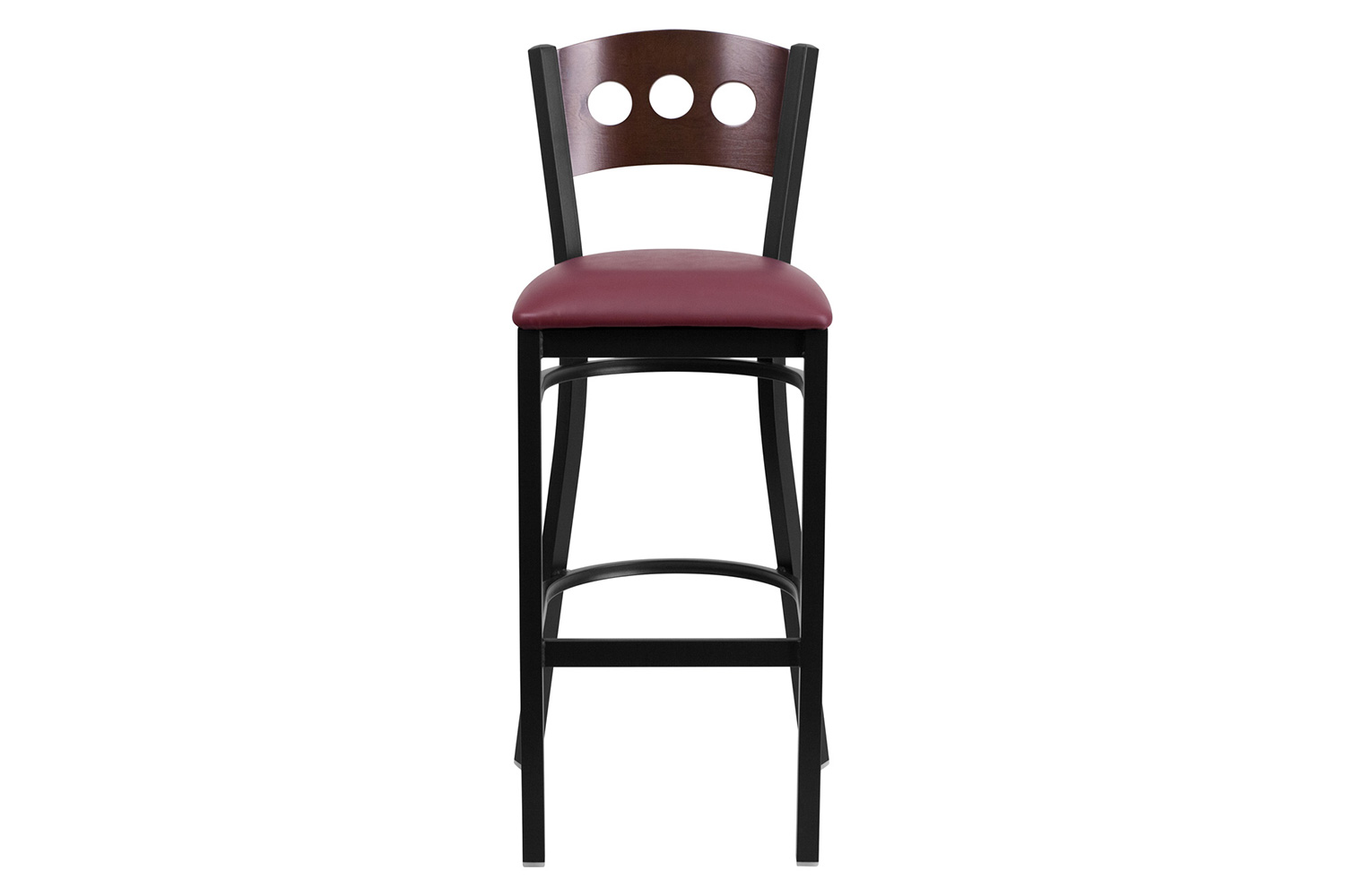 BLNK HERCULES Series Black Metal 3 Circle Back Restaurant Bar Stool with Walnut Wood Back and Vinyl Seat - Burgundy