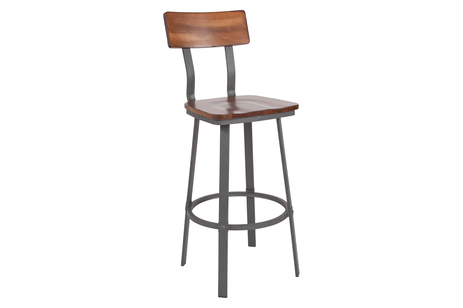 BLNK - Flint Series Rustic Walnut Restaurant Bar Stool with Wood Seat and Back and Gray Powder Coat Frame