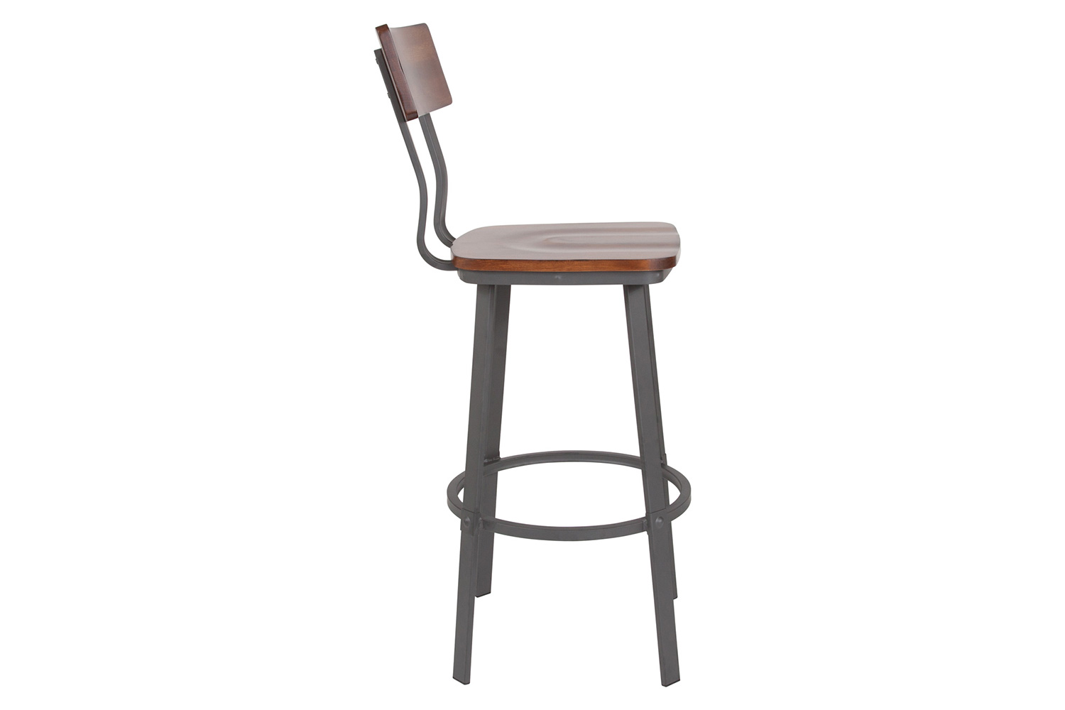 BLNK - Flint Series Rustic Walnut Restaurant Bar Stool with Wood Seat and Back and Gray Powder Coat Frame