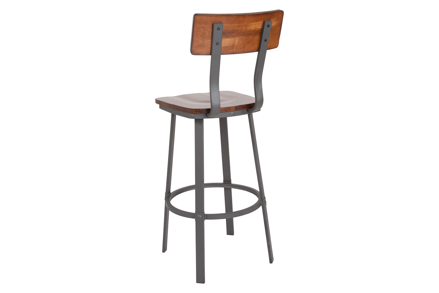 BLNK - Flint Series Rustic Walnut Restaurant Bar Stool with Wood Seat and Back and Gray Powder Coat Frame