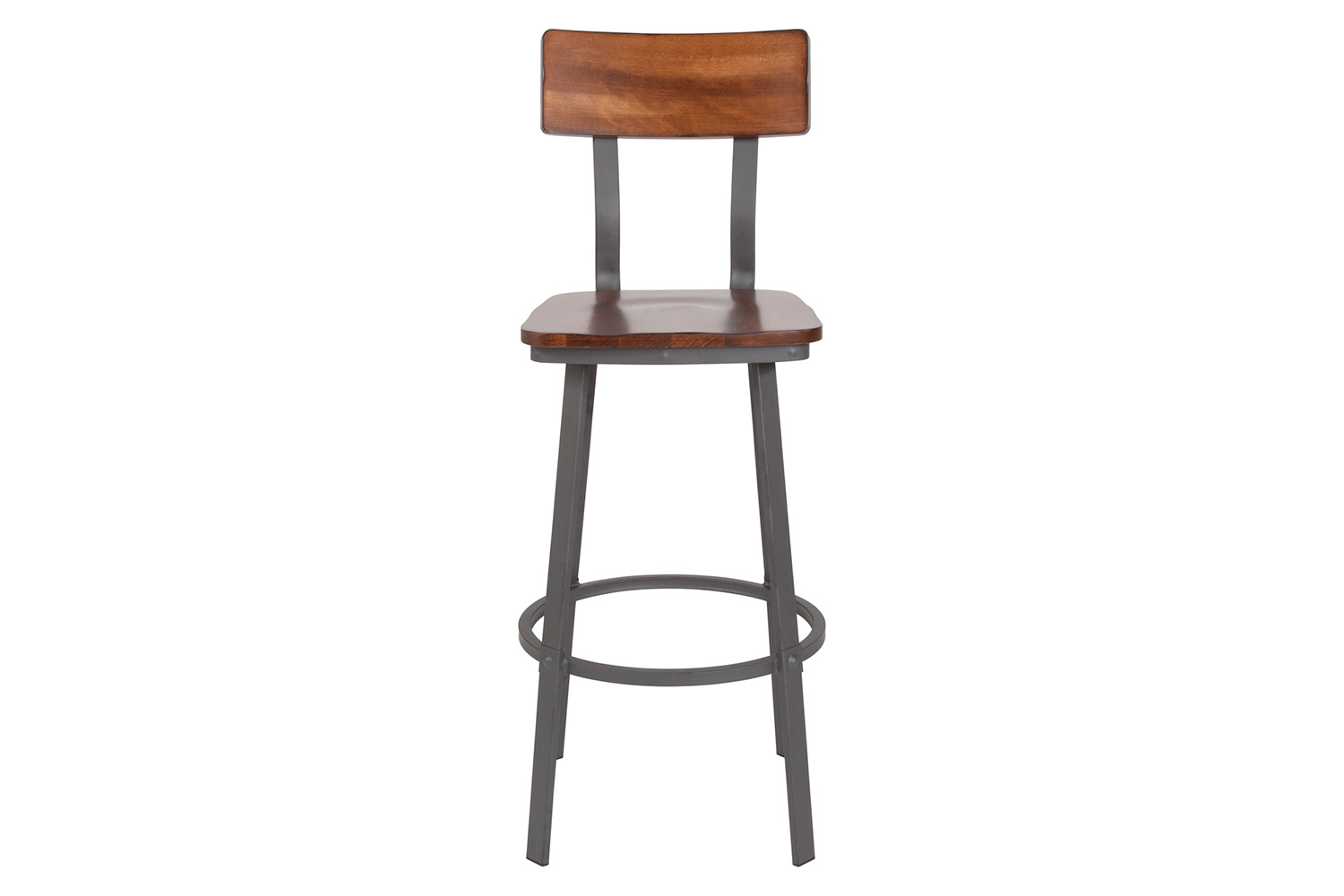 BLNK - Flint Series Rustic Walnut Restaurant Bar Stool with Wood Seat and Back and Gray Powder Coat Frame