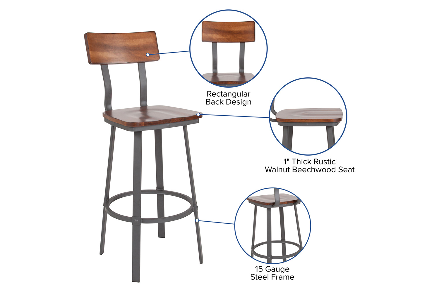 BLNK - Flint Series Rustic Walnut Restaurant Bar Stool with Wood Seat and Back and Gray Powder Coat Frame