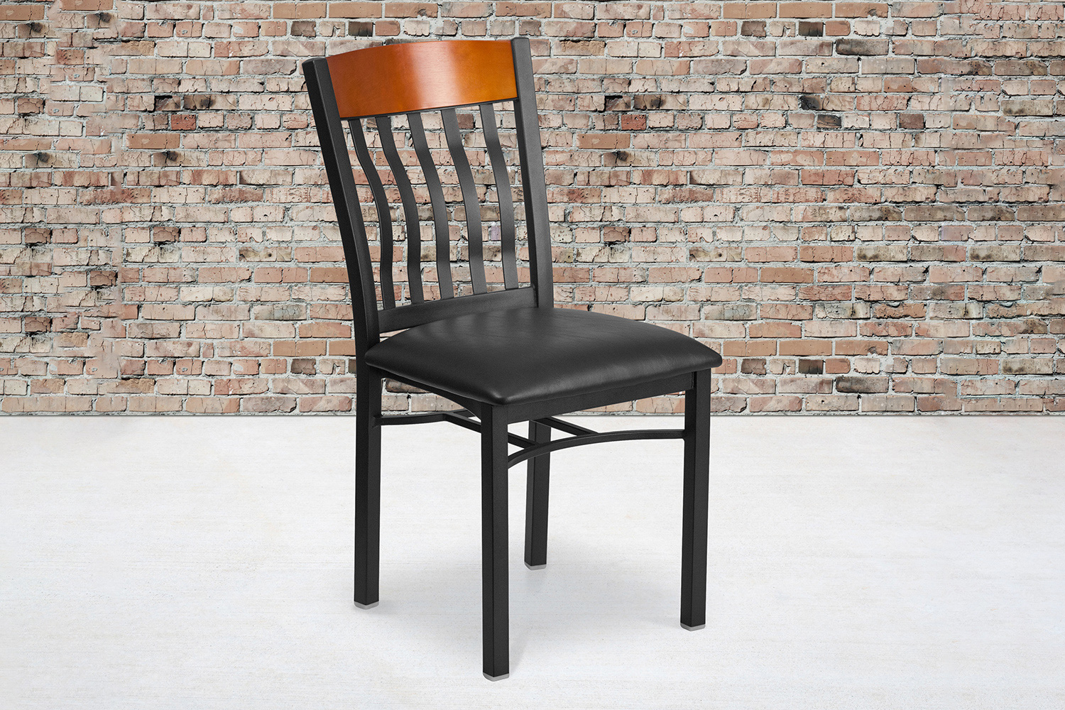 BLNK Eclipse Series Black Metal Vertical Back and Wood Restaurant Chair with Black Vinyl Seat