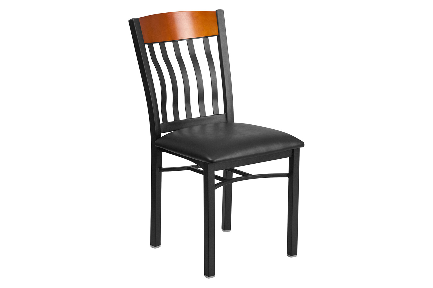 BLNK Eclipse Series Black Metal Vertical Back and Wood Restaurant Chair with Black Vinyl Seat - Cherry