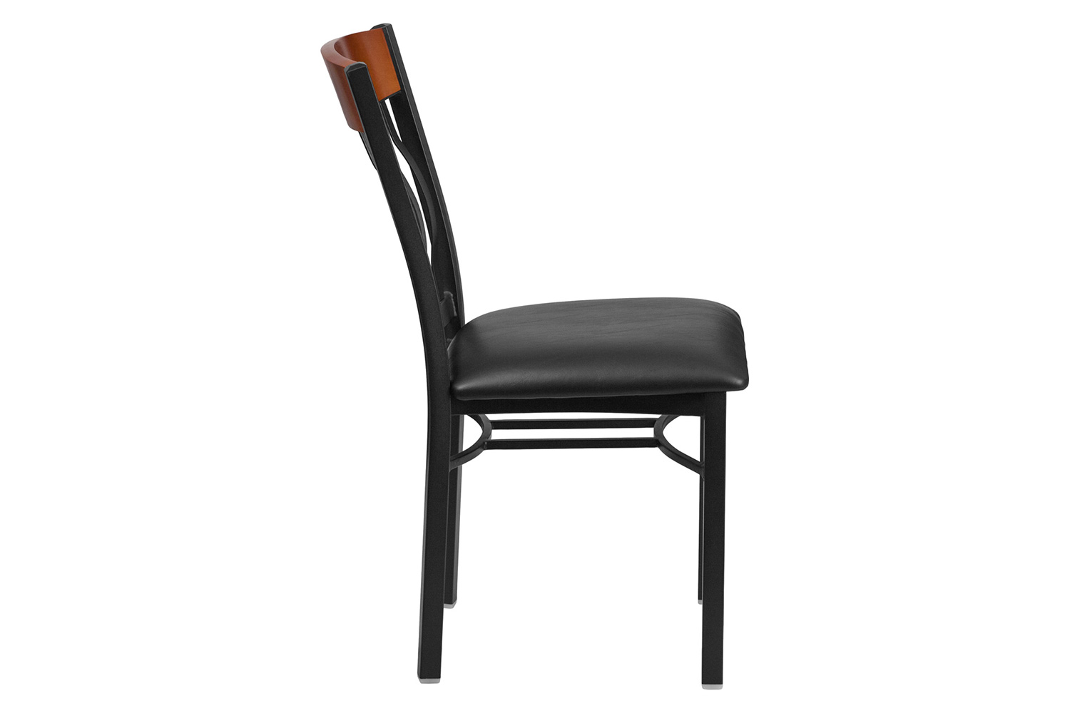 BLNK Eclipse Series Black Metal Vertical Back and Wood Restaurant Chair with Black Vinyl Seat - Cherry