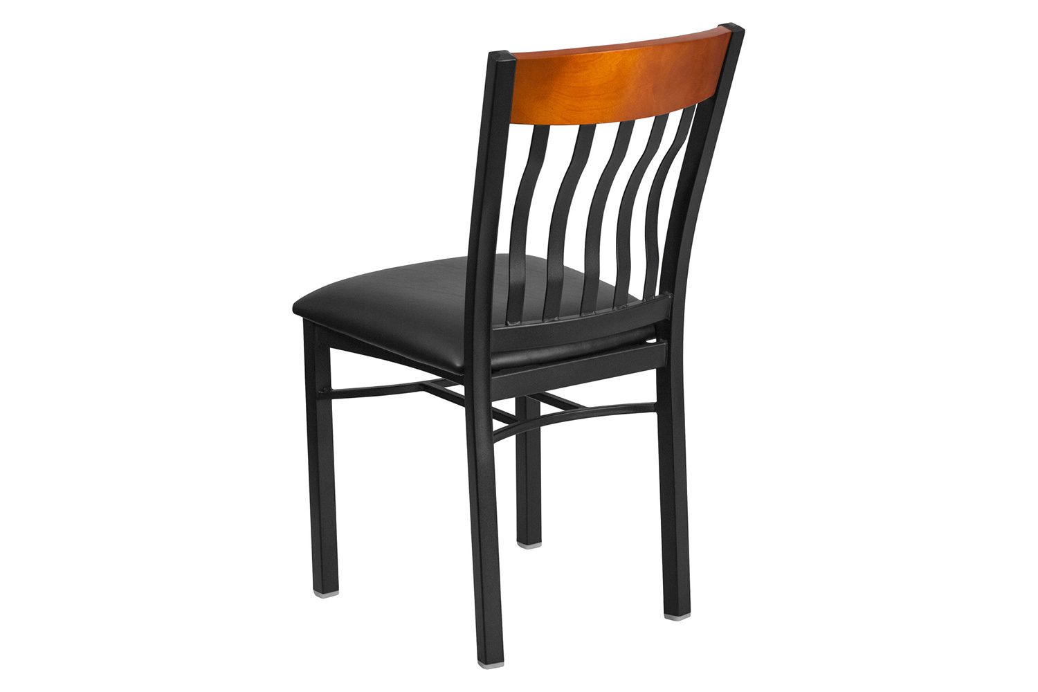 BLNK Eclipse Series Black Metal Vertical Back and Wood Restaurant Chair with Black Vinyl Seat - Cherry