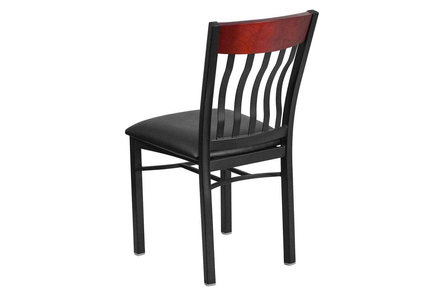 BLNK Eclipse Series Black Metal Vertical Back and Wood Restaurant Chair with Black Vinyl Seat - Mahogany