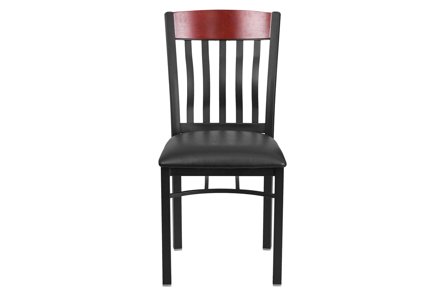 BLNK Eclipse Series Black Metal Vertical Back and Wood Restaurant Chair with Black Vinyl Seat - Mahogany