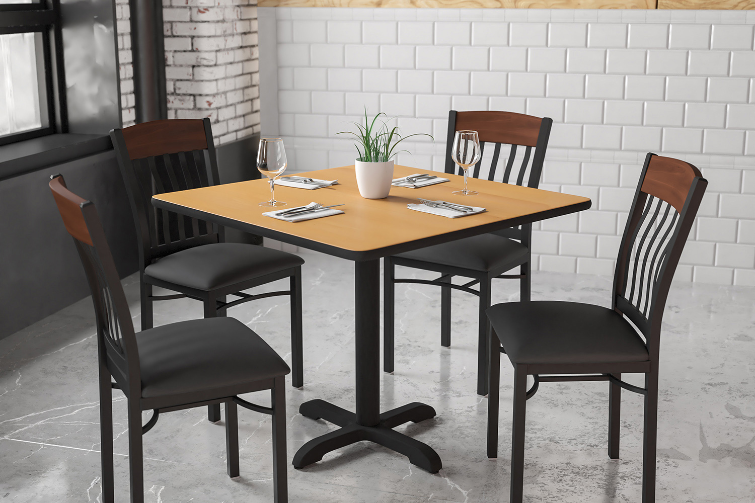 BLNK Eclipse Series Black Metal Vertical Back and Wood Restaurant Chair with Black Vinyl Seat