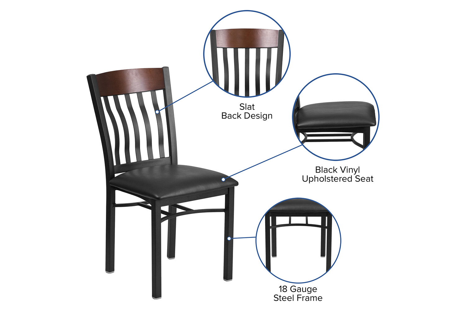 BLNK Eclipse Series Black Metal Vertical Back and Wood Restaurant Chair with Black Vinyl Seat - Walnut