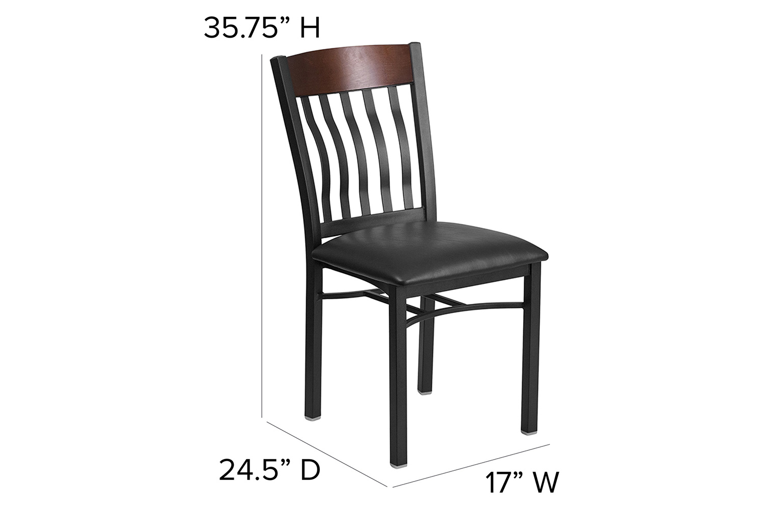 BLNK Eclipse Series Black Metal Vertical Back and Wood Restaurant Chair with Black Vinyl Seat - Walnut