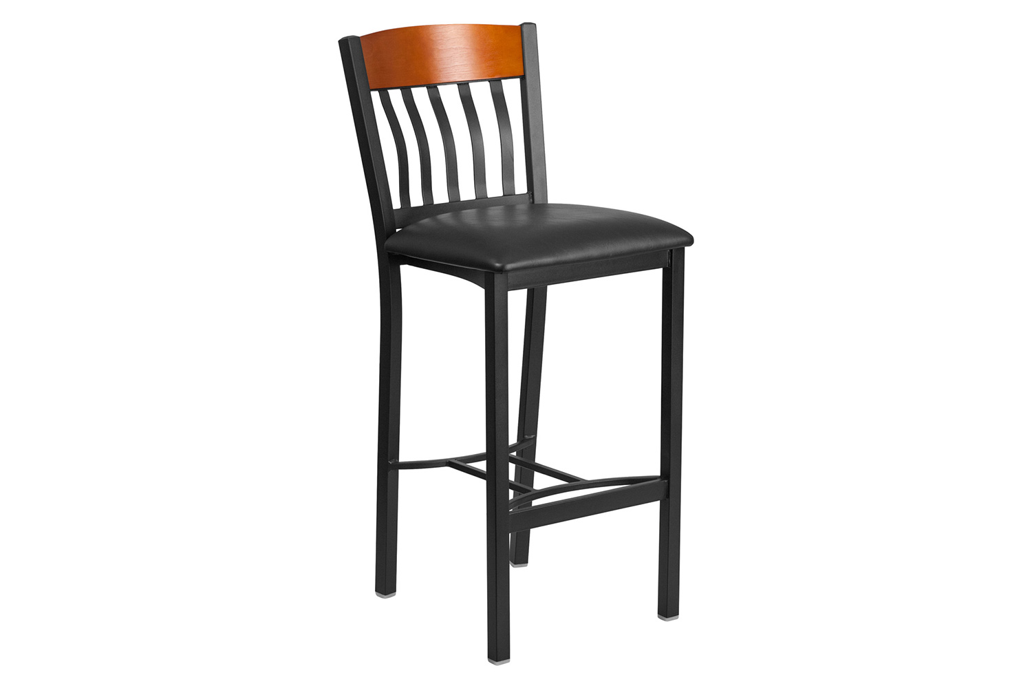 BLNK Eclipse Series Vertical Back Black and Cherry Wood Restaurant Bar Stool with Black Vinyl Seat