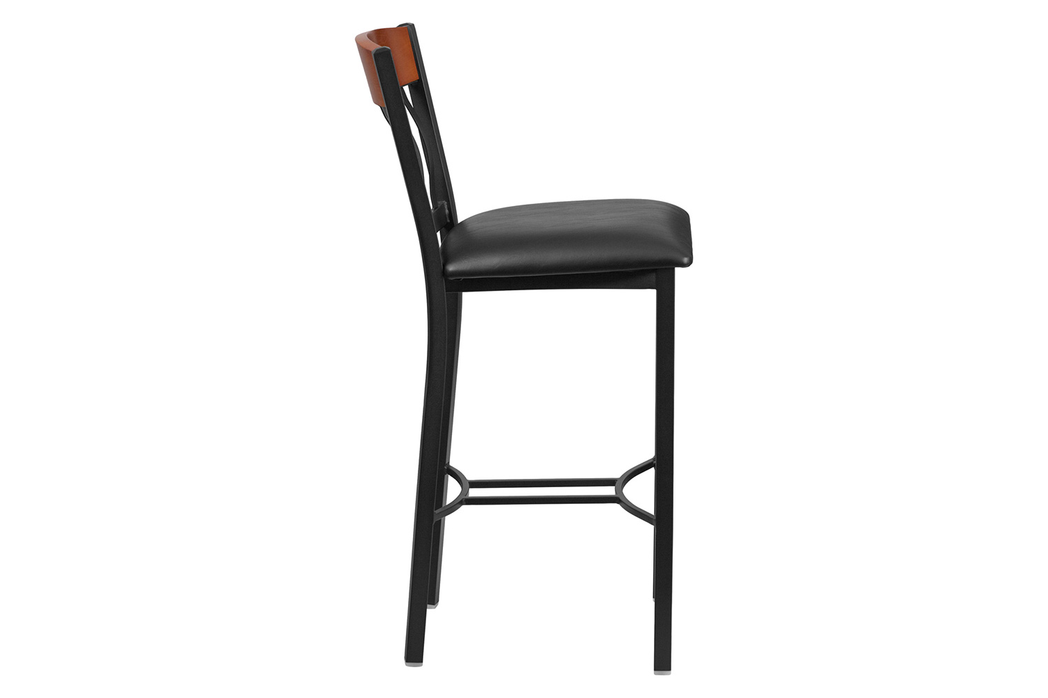 BLNK Eclipse Series Vertical Back Black and Cherry Wood Restaurant Bar Stool with Black Vinyl Seat