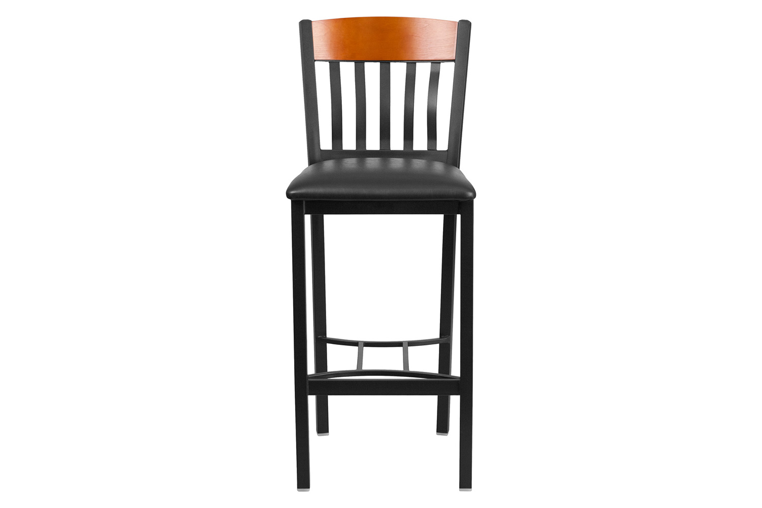 BLNK Eclipse Series Vertical Back Black and Cherry Wood Restaurant Bar Stool with Black Vinyl Seat