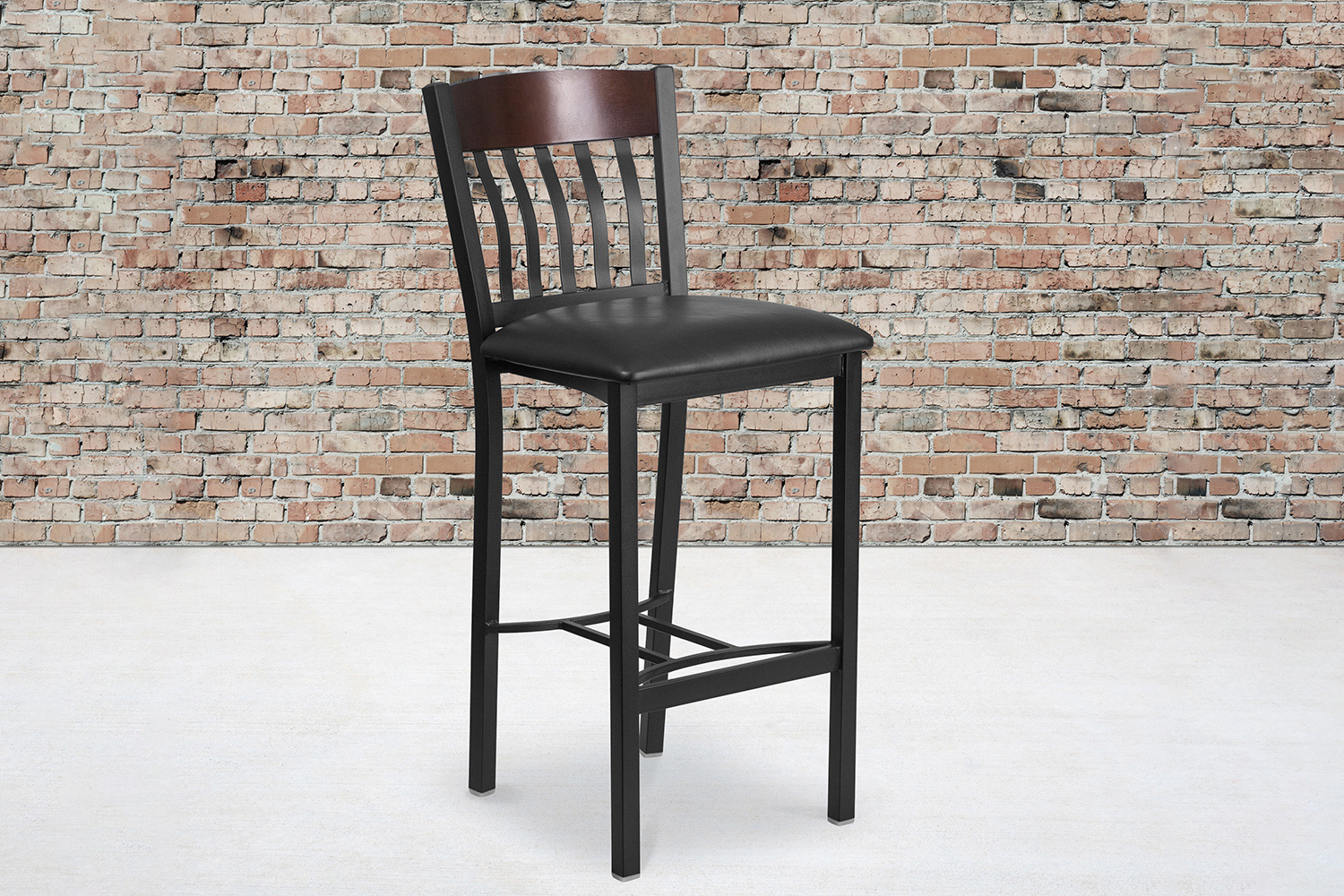 BLNK Eclipse Series Vertical Back Black and Cherry Wood Restaurant Bar Stool with Black Vinyl Seat