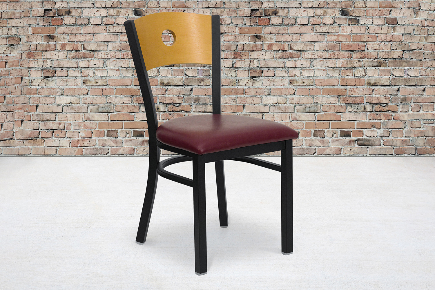 BLNK HERCULES Series Black Metal Circle Back Restaurant Chair with Natural Wood Back and Vinyl Seat