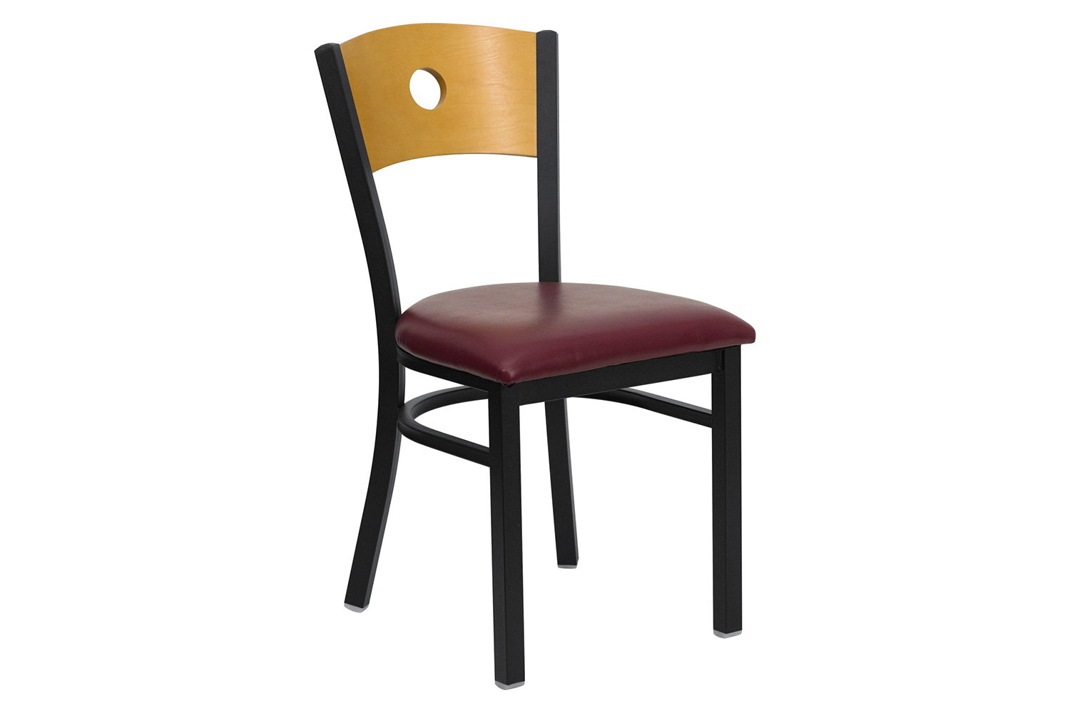 BLNK HERCULES Series Black Metal Circle Back Restaurant Chair with Natural Wood Back and Vinyl Seat - Burgundy