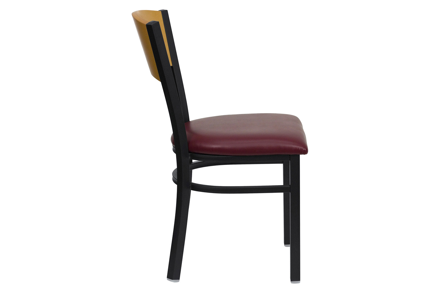 BLNK HERCULES Series Black Metal Circle Back Restaurant Chair with Natural Wood Back and Vinyl Seat - Burgundy