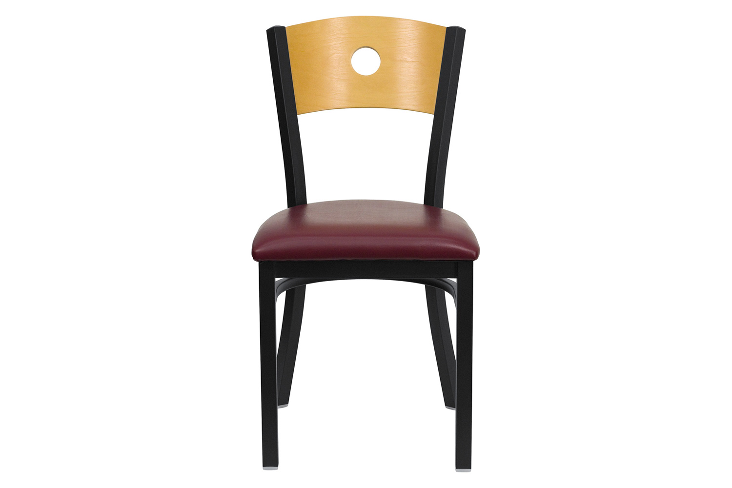 BLNK HERCULES Series Black Metal Circle Back Restaurant Chair with Natural Wood Back and Vinyl Seat - Burgundy