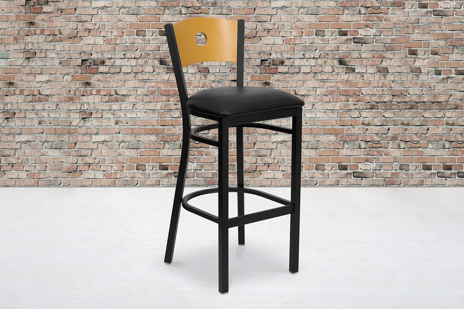 BLNK HERCULES Series Black Metal Circle Back Restaurant Bar Stool with Natural Wood Back and Vinyl Seat