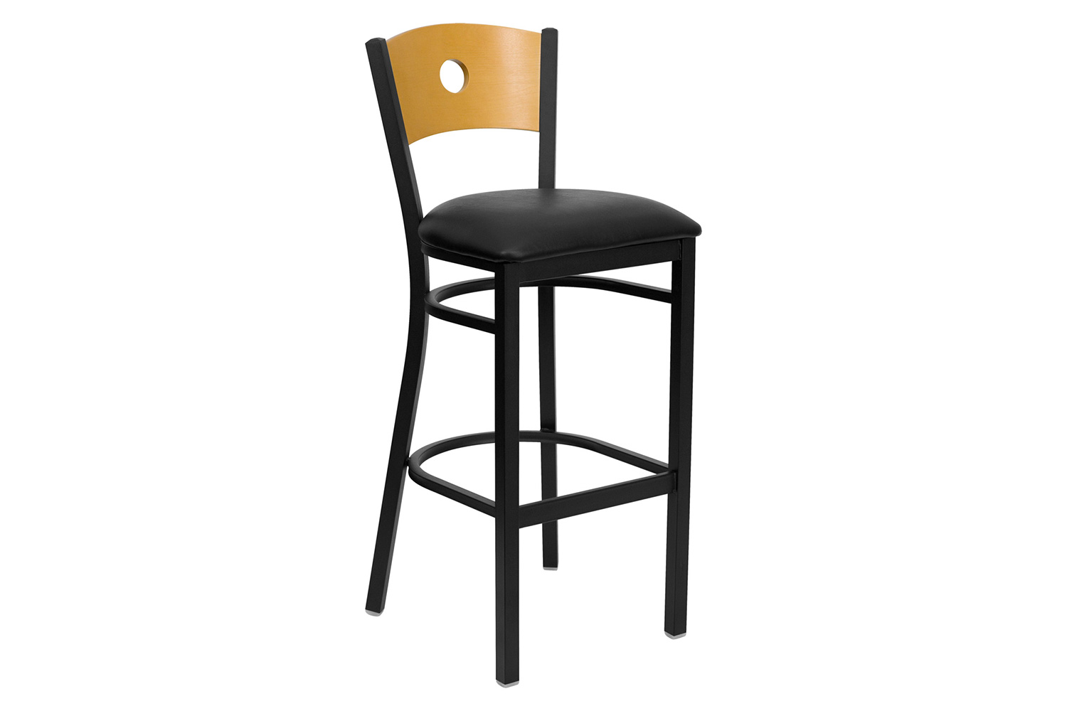 BLNK HERCULES Series Black Metal Circle Back Restaurant Bar Stool with Natural Wood Back and Vinyl Seat - Black