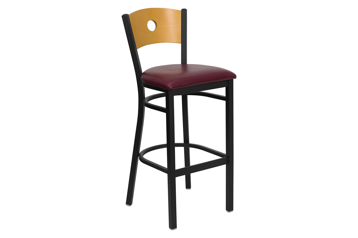 BLNK HERCULES Series Black Metal Circle Back Restaurant Bar Stool with Natural Wood Back and Vinyl Seat