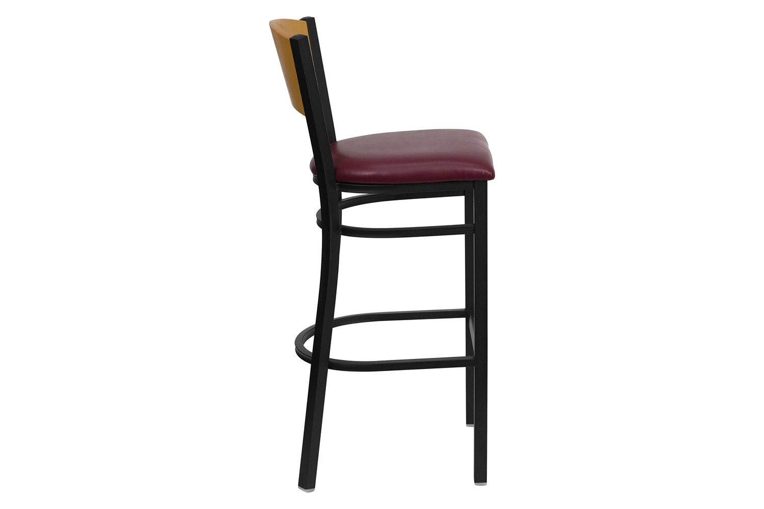 BLNK HERCULES Series Black Metal Circle Back Restaurant Bar Stool with Natural Wood Back and Vinyl Seat - Burgundy