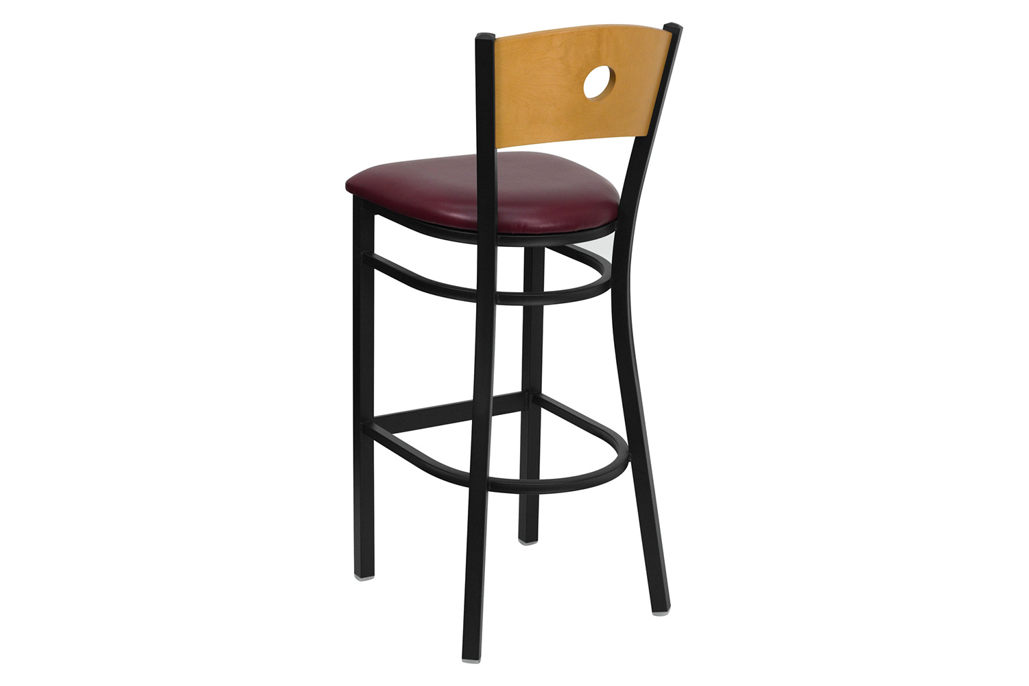 BLNK HERCULES Series Black Metal Circle Back Restaurant Bar Stool with Natural Wood Back and Vinyl Seat - Burgundy