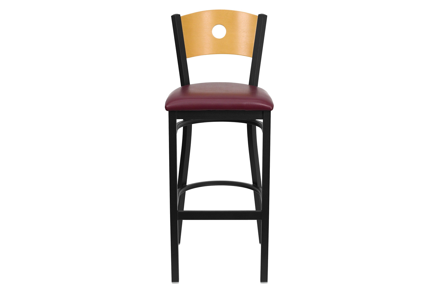 BLNK HERCULES Series Black Metal Circle Back Restaurant Bar Stool with Natural Wood Back and Vinyl Seat - Burgundy