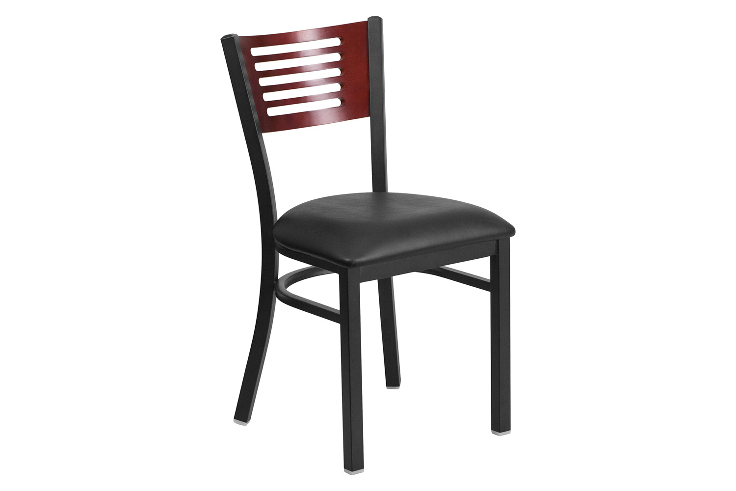 BLNK HERCULES Series Black Metal Slat Back Restaurant Chair with Mahogany Wood Back and Vinyl Seat