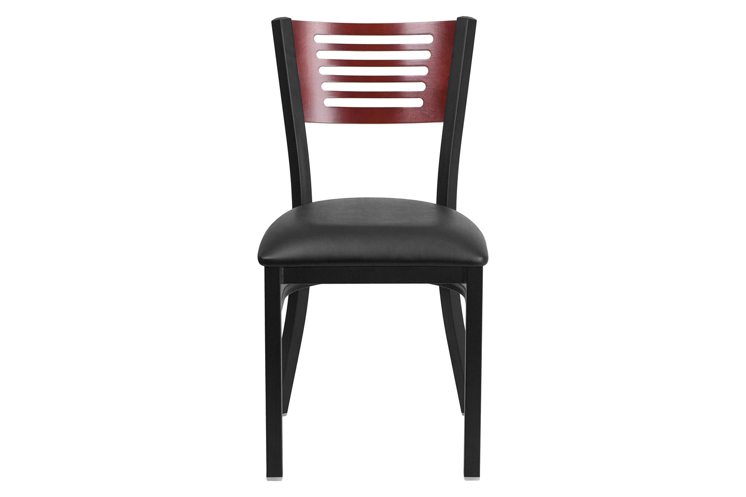 BLNK HERCULES Series Black Metal Slat Back Restaurant Chair with Mahogany Wood Back and Vinyl Seat - Black