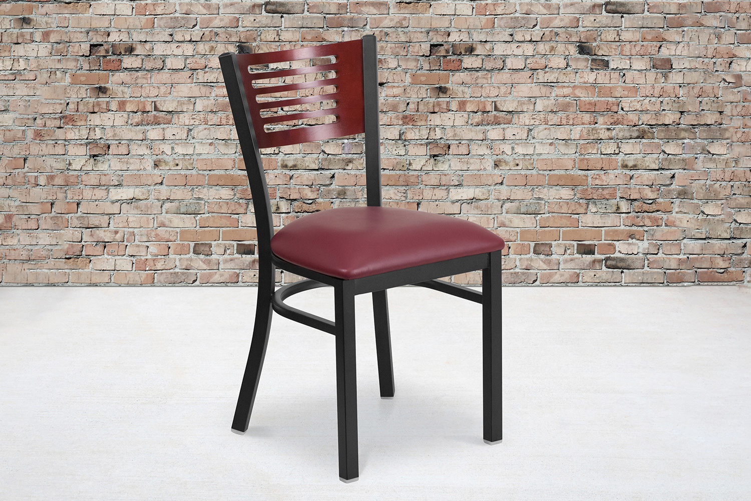 BLNK HERCULES Series Black Metal Slat Back Restaurant Chair with Mahogany Wood Back and Vinyl Seat