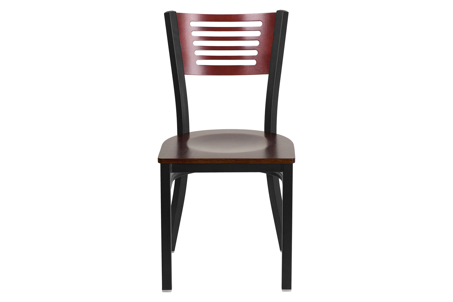 BLNK HERCULES Series Black Metal Slat Back Restaurant Chair with Wood Back and Seat - Mahogany