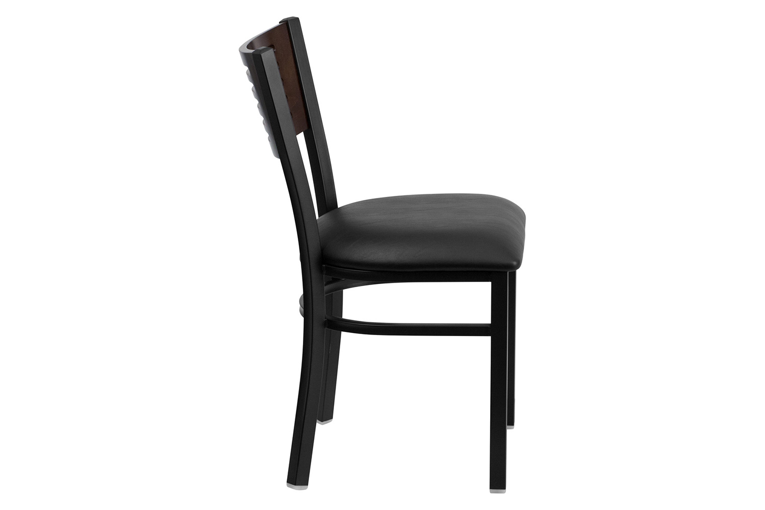 BLNK HERCULES Series Black Metal Slat Back Restaurant Chair with Walnut Wood Back and Vinyl Seat - Black