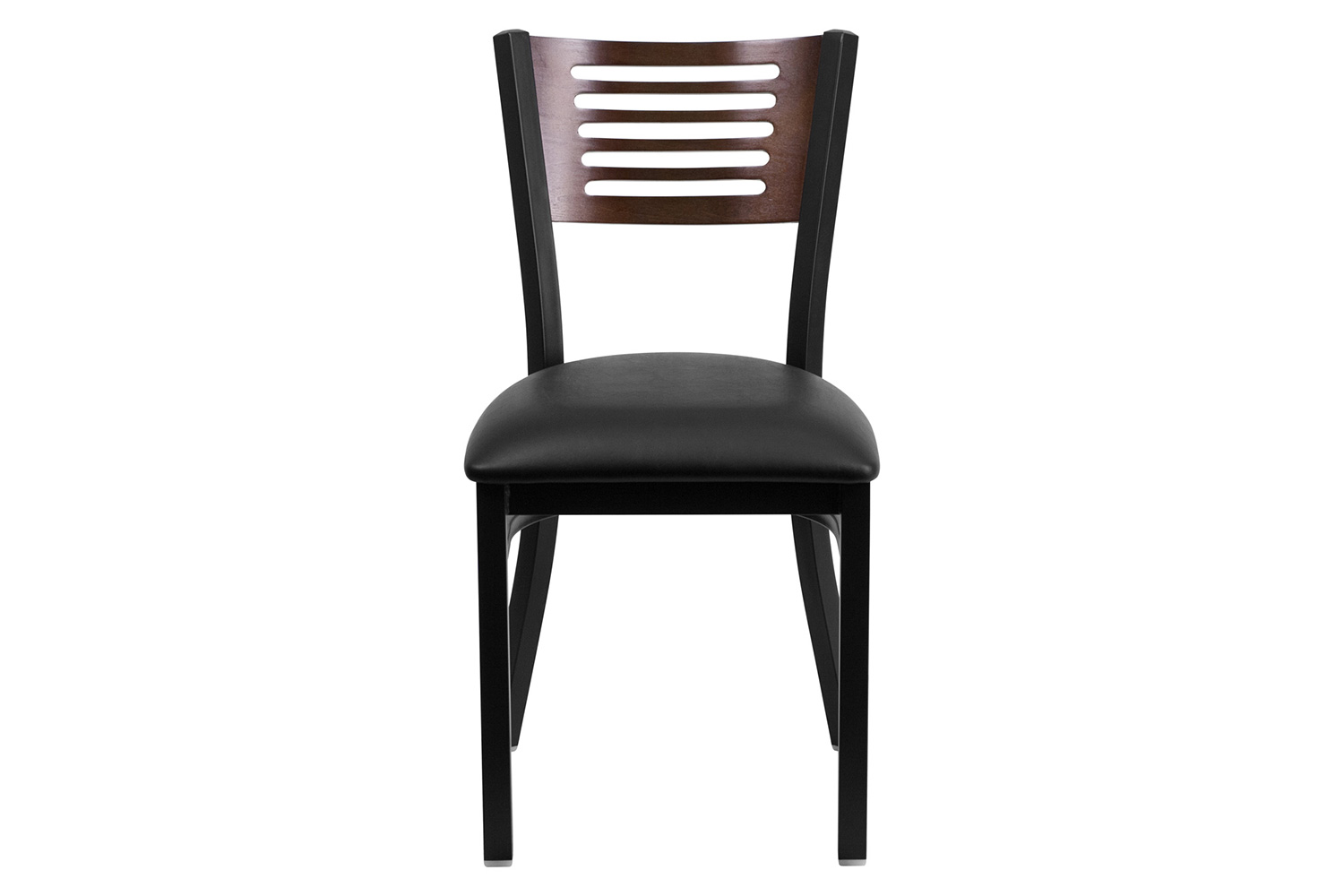 BLNK HERCULES Series Black Metal Slat Back Restaurant Chair with Walnut Wood Back and Vinyl Seat - Black