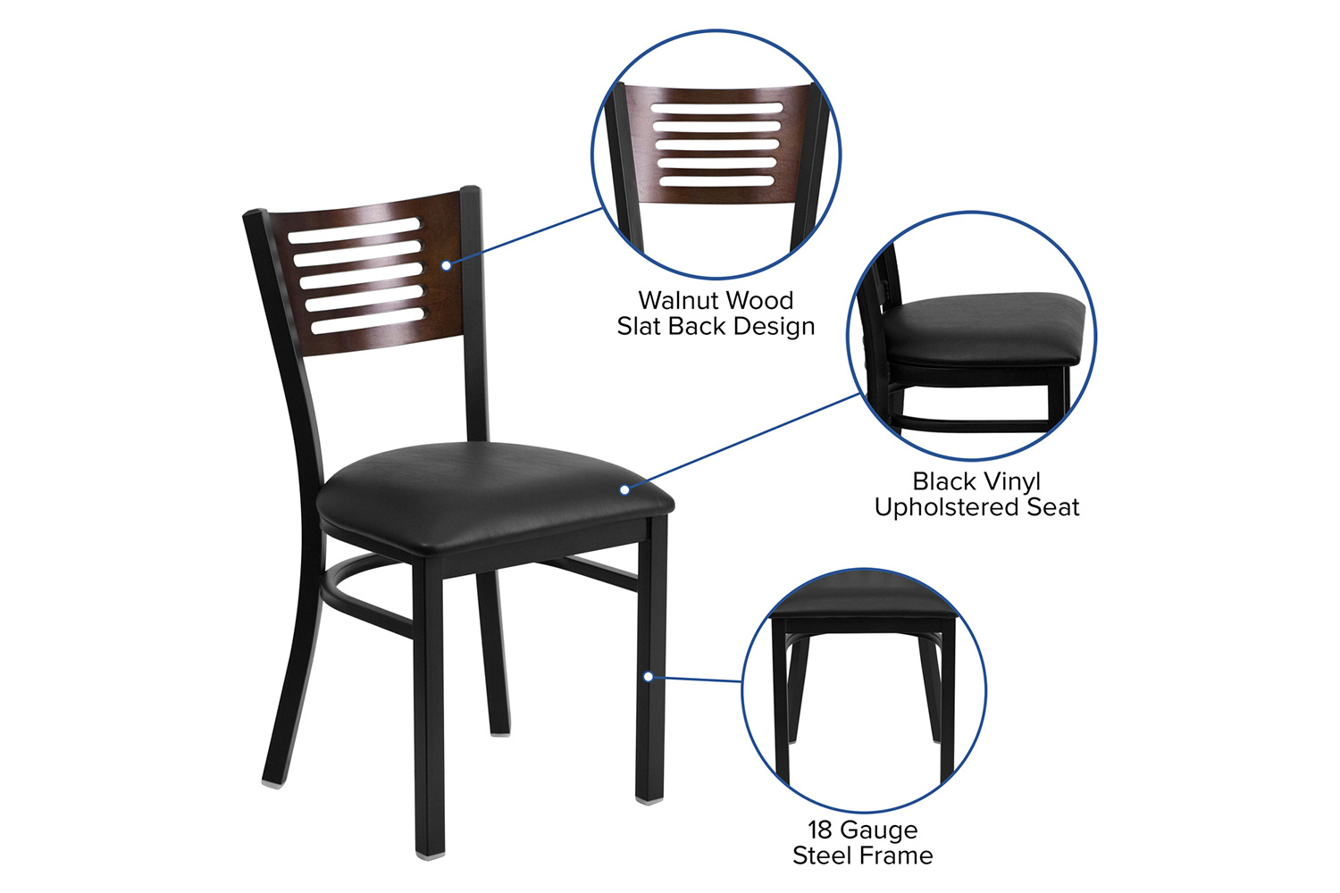 BLNK HERCULES Series Black Metal Slat Back Restaurant Chair with Walnut Wood Back and Vinyl Seat - Black