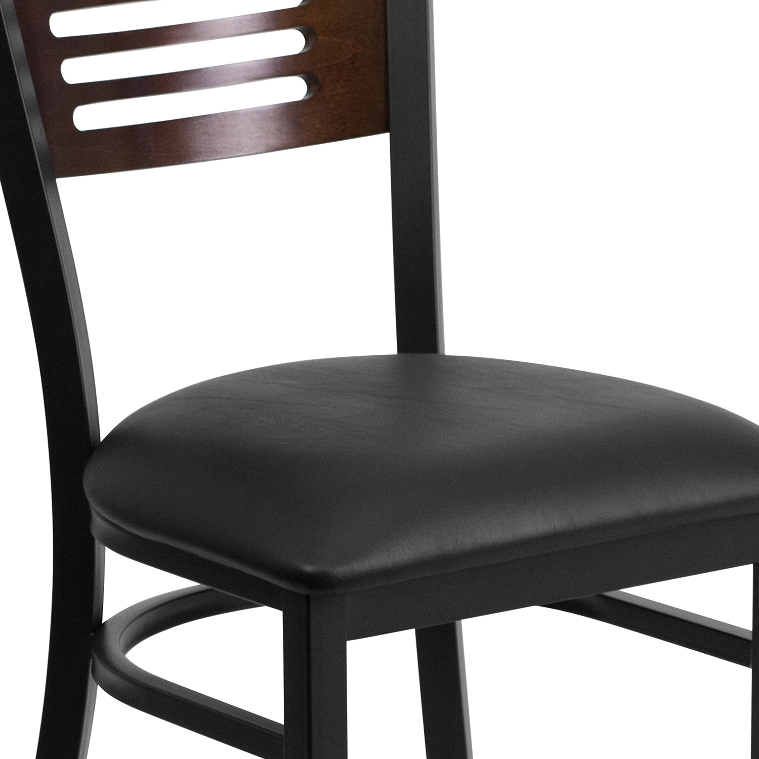 BLNK HERCULES Series Black Metal Slat Back Restaurant Chair with Walnut Wood Back and Vinyl Seat - Black