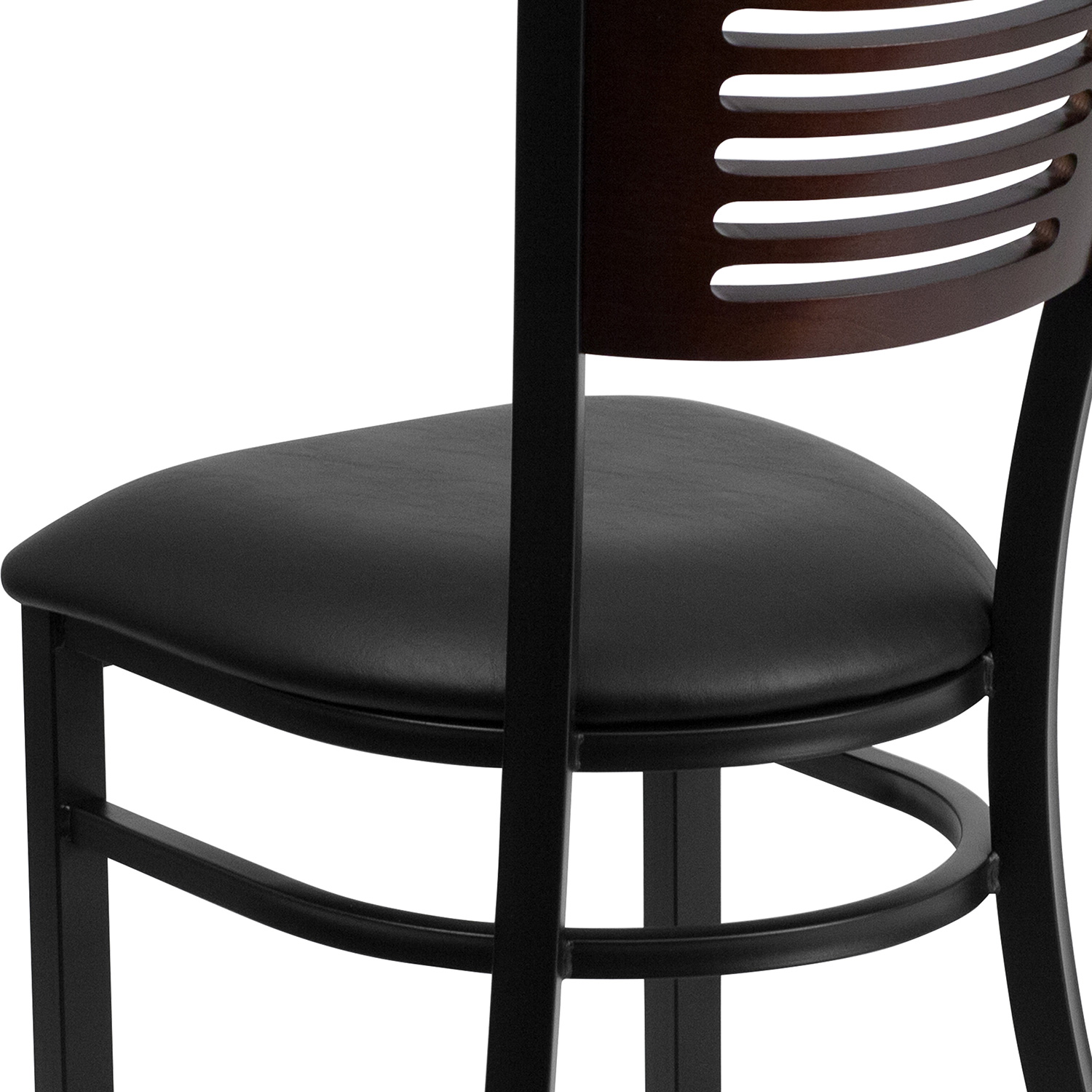 BLNK HERCULES Series Black Metal Slat Back Restaurant Chair with Walnut Wood Back and Vinyl Seat - Black