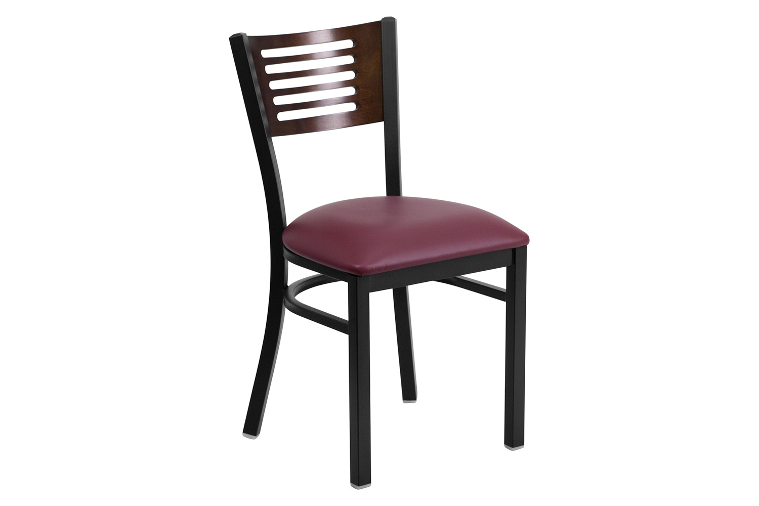 BLNK HERCULES Series Black Metal Slat Back Restaurant Chair with Walnut Wood Back and Vinyl Seat