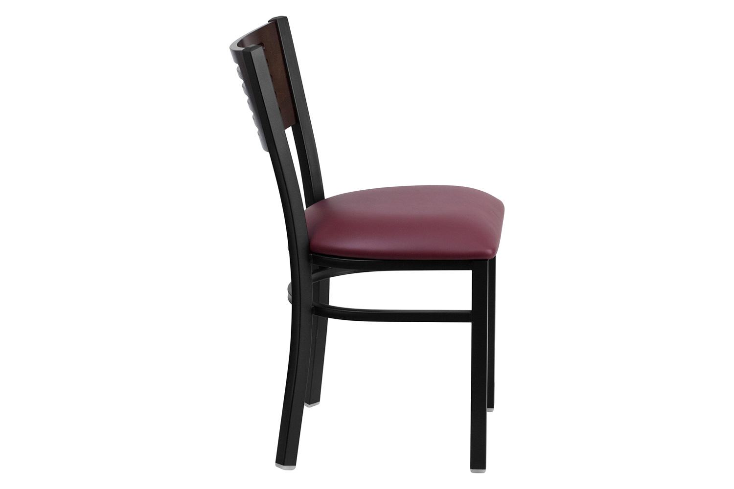 BLNK HERCULES Series Black Metal Slat Back Restaurant Chair with Walnut Wood Back and Vinyl Seat - Burgundy